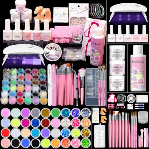 SAVILAND Acrylic Nail Kit for Beginners with Everything - Acrylic Powder and Liquid Set Gel Nail Polish Nail Brush Practice Finger U V Light, Full Acrylic Nail Kit for Home DIY Nail Salon