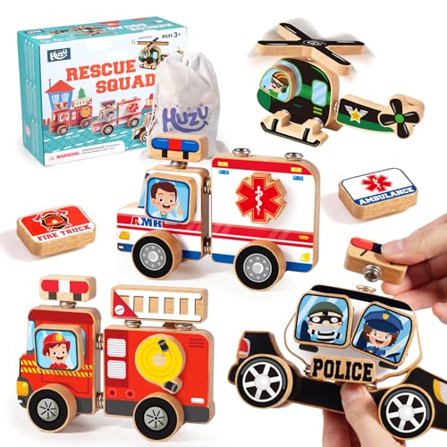 HUZU Emergency Vehicles 3D Puzzle Toy, Rescue Squad Wooden Snap Button Connection Building Blocks for Kids 3-8, Fire Truck Ambulance Police Car Helicopter Montessori Gifts for Preschool Children