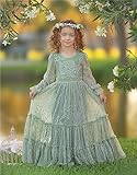 LalaMira Flower Girl Dress Lace Boho Toddler Dresses Ruffle Girl Dress for Wedding Garden Party Holiday Communion Long Sleeve Sage Green-5 Years