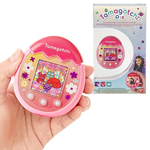 Tamagotchi 42901 Bandai Pix The Next Generation of Virtual Reality Pet with Camera, Games and Collectable Characters-Floral, Pink