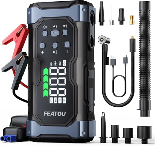 High-Power 9000A Jump Starter with Air Compressor/Tire Inflator, 12V Jumper Box for Car(All Gas/14L Diesel), 9 in 1 Portable Jump Starter Power Pack (74Wh, Smart Clamp, LCD)