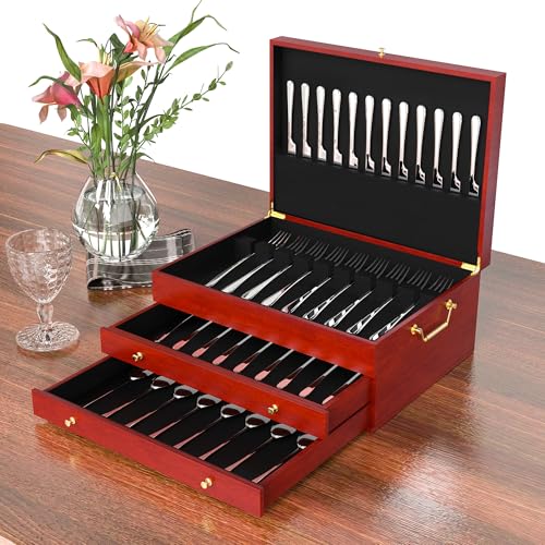 foriy Silverware Storage Box Three-Layer Wooden Silverware Chest 15x11in Flatware Storage Case with Handle and Felt Lined to Store Sterling Silver Ware Cutlery Sets for Home Restaurant