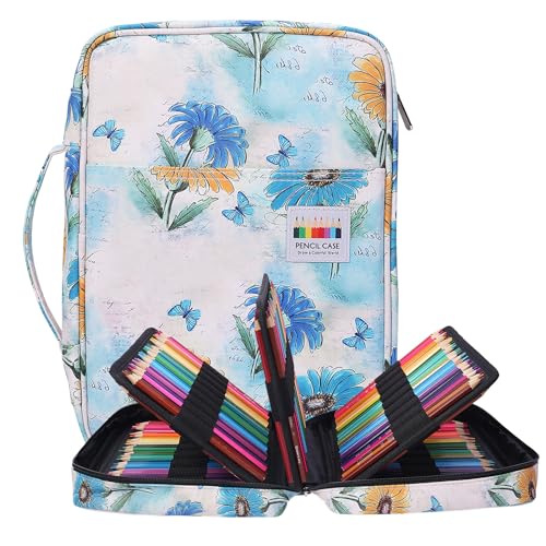 BOMKEE Colored Pencil Case 220 Slots Pencils/Gel Pens Organizer Waterproof Travel Case Zipper Carrying Portable Pencil Markers Pen Holder Bag for Painter Writers (Bellis Perennis)