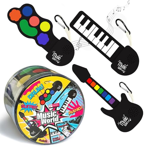Mini Roll up Silicone Musical instuments Real Playable Keychain Toy Set Thumb On-Off Music Fidget Toy Guita Piano Jazz Drum Mini Stuff for Adults Kid Music Lover