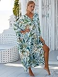 Women Kaftan Dress Hand Woven V Neck Swim Cover up Caftan Rayon Cotton Kaftan Dresses Floral Ethnic Print Beach Kaftans Plus Size Over Sized Swimsuit Cover Up for Swimwear 8772-26