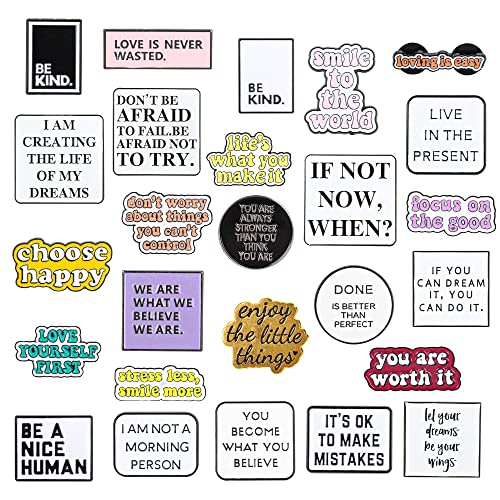 26 PCS Positive Letter Enamel Pins Inspirational Saying Brooch Pins Motivational Phrase Enamel Lapel Badges Positive Saying Enamel Pin Set with Storage Bag for Backpacks Clothing Hats Decor
