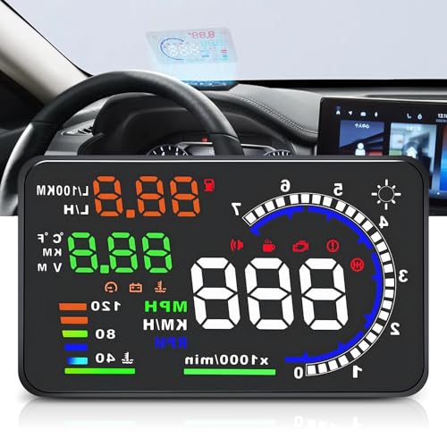 REENKEY 5.5" Windshield Head Up Display for Car,OBDII/EUOBD Interface Plug Car Hud Screen with Water Temperature, Mileage, RPM, Multiple Alarms