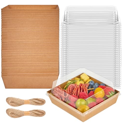 ZORRITA 100 Pack 5 Inch Paper Charcuterie Boxes with Clear Lids, Square To Go Cake Slice Containers Small Kraft Bakery Boxes for Dessert, Cookies, Sandwich, Strawberries (Brown)