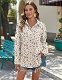 Zeagoo Khaki Linen Shirt Women Floral Printed Blouse Long Sleeve Button Up Tops Cream Floral