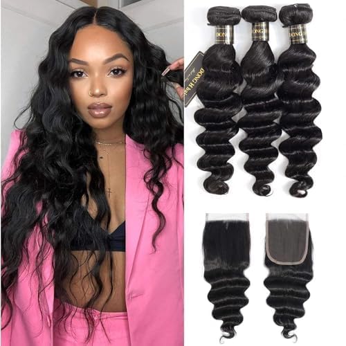 12 A Loose Deep Wave Bundles with Closure, (22"24"26"+20"Closure) 100% Unprocessed Peruvian Virgin Human Hair Long Loose Deep Wave Human Hair 3 Bundles With 20 Inch 4x4 Top Lace Closure with Baby Hair