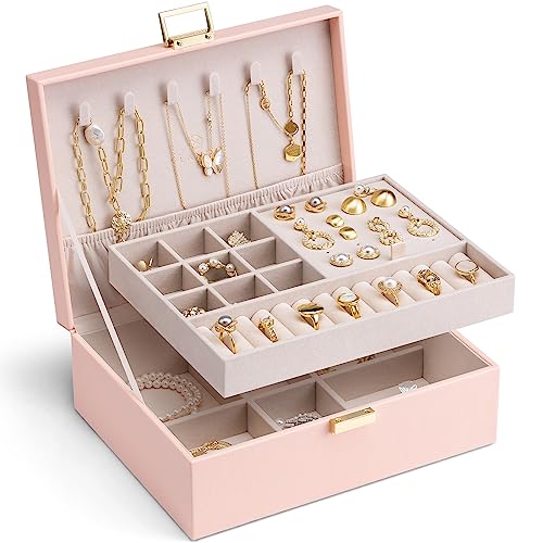 Vlando 2 Layer Jewelry Box Large Jewelry Organizer for Women Removable Jewelery Tray for Necklace Earrings Rings Bracelets Jewelry Boxes Gifts for Women (Pink)