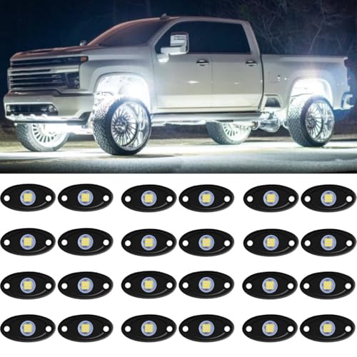 24 Pods White Led Rock Lights，Automotive General Under Body Neon Glow Led Pure Light Kit Ip68 Waterproof 3.8ft Extension Wires for Car Truck Boat Rv ATV Utv SUV RZR Motorcycle Trail Rig Lamp（White）