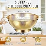 Norme 5 Quart Stainless Steel Gold Colander and 3 Pcs Gold Fine Mesh Strainer, Stainless Steel Pasta Rice Food Metal Strainer with Handles, Easy Clean and Dishwasher Safe