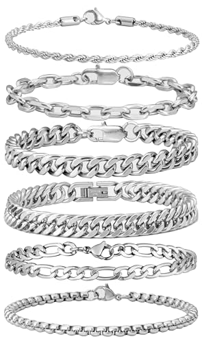 XIANNVXI 6 Pcs Silver Bracelets for Men Women Stainless Steel Bracelet Cuban Chain Metal Link Rope Bracelet Set 7.5 Inches