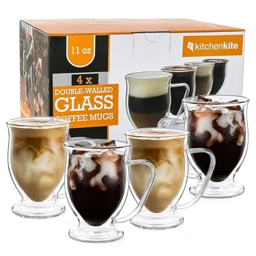 Kitchen Kite Double Wall Glass Coffee Mugs - 11oz Dishwasher & Microwave Safe Clear Mugs Set of 4 - Insulated Design, Ideal as Cups for Tea, Latte, Cappuccino, Nespresso, Hot & Cold Beverages