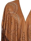 CHOiES record your inspired fashion Women's Suedette Cut Out Asymmetric Fringed Cape Kimono Blouse with Tassel Brown