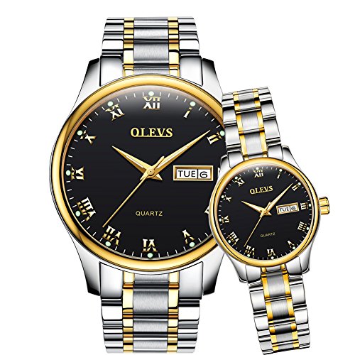 OLEVS Valentines Couple Pair Watches for Men and Women Lovers Romantic Wedding Gifts Set of 2,His and Hers Business Black Dial Quartz Day Date Wrist Watch Waterproof Luminous with Stainless Steel Band