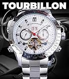 FORSINING Men Tourbillon Mechanical Self-Wind Watch, Day Date Month Full Calendar, Luminous Tachymeter Multifunctional Automatic Watches, Carved Big Dial Stainless Steel Band Wrist Watch, White Case