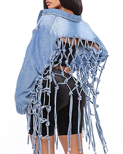 RINTONIX Womens Loose Long Fringe Distressed Denim Jacket Cropped Button Down Ripped Back Knotted Jean Coat(BE-S)