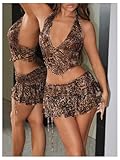 SHENHE Women's Sexy Y2k 2 Piece Outfits Leopard Halter Crop Top Layered Ruffle Mini Skirt Set Brown XX-Small