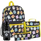 Pokemon Kids Backpack 4 Piece Set School Supplies Rucksack Insulated Lunch Box Kids Pencil Case BPA Free 500ml Water Bottle Pikachu Back to School Gifts for Boys (Black/Multi)