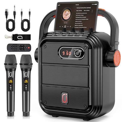 JYX Karaoke Machine with 2 Wireless Microphones, 5200mAh Portable Speaker Set Bluetooth 5.0 Rechargeable PA System with TWS,FM, REC,Stage Subwoofer Supports BT/USB/TF Card/Aux for Party