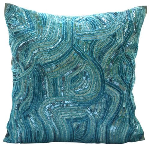 HomeCentric Geometric Throw Pillow, 12x12 inch - Art Silk Square Pillow with Sequins Beaded Design, Blue Accent, Beach, Sea Easter - Aqua Infinity
