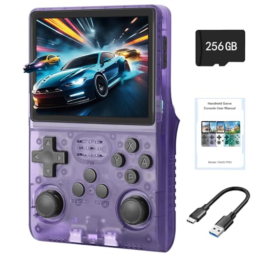 WYGaming R40S Pro+ Handheld Game Console, 30000 in 1 Games Mini Retro Video Console, 3.5-Inch IPS Screen,256GB TF Memory Memory,Built in 45+ Emulators,3800mAh Battery (Transparent Purple 256G)