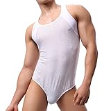 WMIERFI Men's Breathable Mesh Tank Top One Piece Wrestling Singlet Bodysuit Jumpsuit Leotard Briefs Underwear (M, White-2)