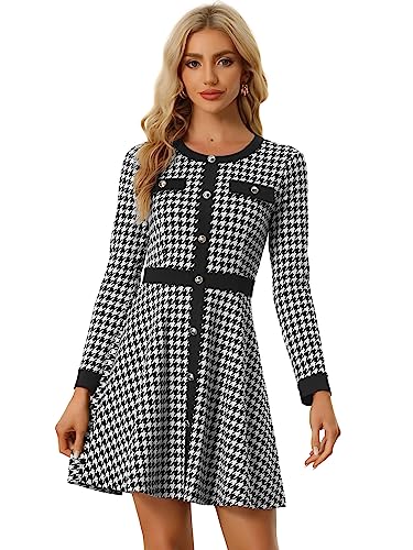 Allegra K Women's Houndstooth Plaid Contrast Color Crew Neck Button Front Elegant A-Line Dress Medium Black