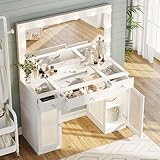 IFSEB Vanity Desk with Large Mirror and Lights, Glass Top Makeup Vanity with Lights & Power Outlet for Bedroom, 3 Color Lighting Modes, White Dressing Table for Women, Girls
