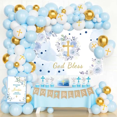 Fiesec Baptism Decorations for Boys – 102PCs Blue First Communion Christening Party Supplies with God Bless Backdrop, Banner, Balloon Garland, Poster, Cake, Cupcake, Topper