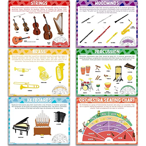 Musical Instrument Family Posters 6 Pack - Music Posters Includes Orchestra Seating Chart. Dry-Erase Music Classroom Supplies for Teachers. 13x17 inch