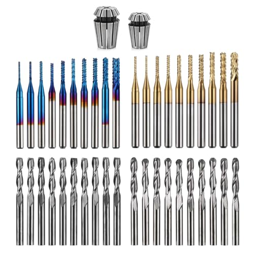 LUNYEE 40pcs End Mills CNC Router Bits with ER11, ER16 Collet, 1/8" Shank CNC Cutter Milling Carving Bit Set Including 2-Flute Flat Nose & Ball Nose, Nano Blue Coat & Titanium Coat Bits