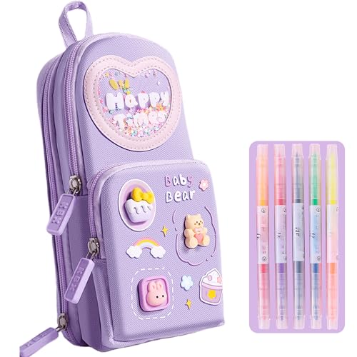 UINSUE Mini Backpack Pencil Case Art Marker Storage Canvas Makeup Pocket Small Gadget Bag Organizer Random Free of Highlighters (Bear Purple)