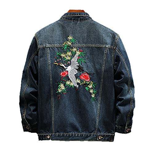 Crane Embroidered Denim Jacket Men's Autumn Retro Slim Jacket Denim Clothes Navy Blue XL