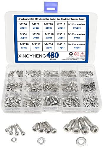 XINGYHENG 480Pcs 12 Values M2 M3 M4 Metric Hex Socket Cap Head Self Tapping Screw with Flat Gasket Washers Assortment Kit