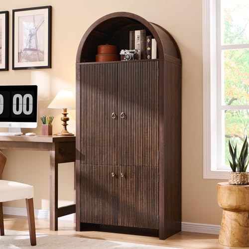IFBUY 71" Tall Arched Bookcase with Doors, Morden Fluted Bookshelf with Storage & 3 Adjustable Shelves, 6 Door Shelves, Wooden Floor Standing Versatile Cupboard for Home Office, Living Room, Brown