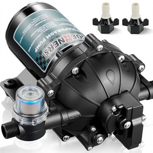 [Upgraded Version] Fresh Water Pump, 12V DC Water Pump, 6.5GPM 70PSI Five Chamber Self-Priming Diaphragm Pump with Heavy Duty Pressure Switch and Strainer for RV, Marine, Yacht, Caravan