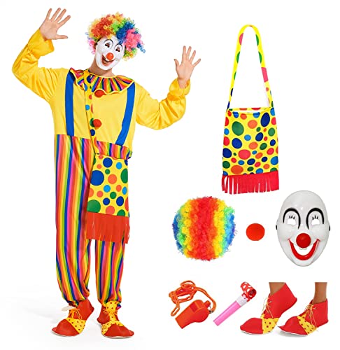 FonteeUS Clown Costume Set - Adult Clown Clothes, Wig, Mask, Nose, Bag, Shoes - Circus Props, Carnival Cosplay