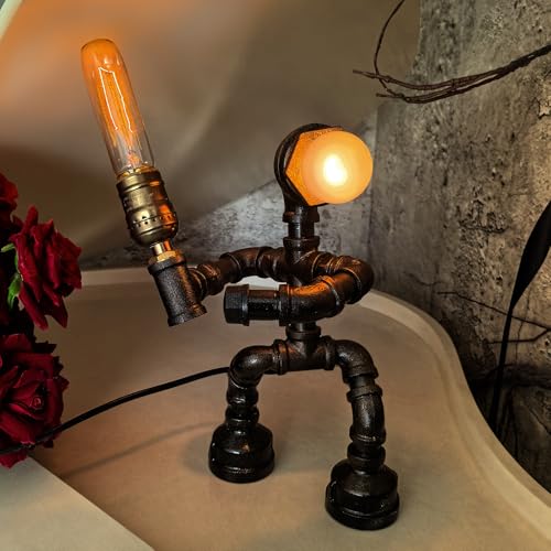 Friceoinw Steampunk Water Pipe Table Lamp Retro Industrial Metal Table Light Unique Vintage Iron Robot Desk Lamp for Bedside Table Nightstand Bar Restaurant Cafe ((C)-Robot Lamp)