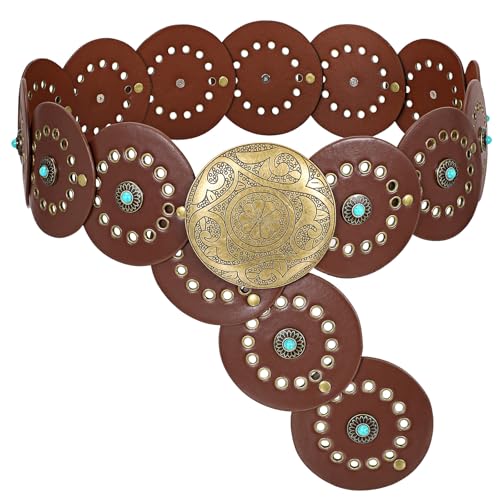 XZQTIVE Western PU Leather Belts for Woman Concho Cowgirl Cowboy Disc Belt for Ladies Wide Boho Country Waist Belts for Dress, bronze buckle, Brown, 105cm