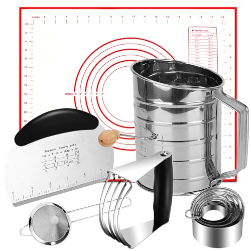 Biscuit Cutter Set,10PCS Stainless Steel Pastry Blender Set with Pastry Cutter,5PCS Biscuit Cutter,Dough Cutter,3 Cup Flour Sifter,Baking Mat and Fine Mesh Strainer for Cooking Cookies and Donuts