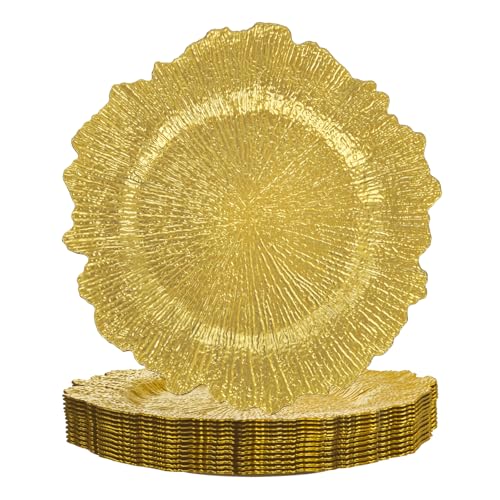 supernal 12pcs Gold Plastic Charger Plates,13inch Round Reef Plate Chargers for Dinner,Gold Chargers with Flora Reef Design For Dinner,Wedding,Party Decoration