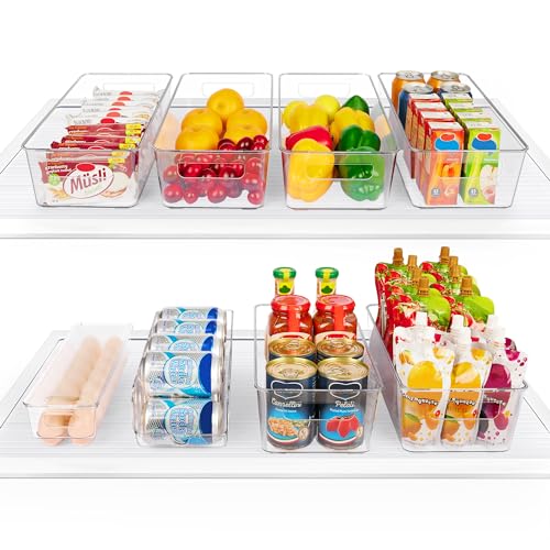 Vtopmart Set of 8 Fridge Organizer, Refrigerator Organizer Bins with Handles, Freezer Organizer Clear Organizing Bins, BPA-Free Fridge Storage Containers for Fridge, Freezer, Cabinet, Kitchen, Pantry