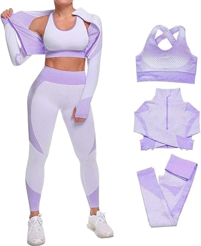 Generic 3pcs Seamless Outfit Workout Sets Gym for Women, Fitness Sports School Running Clothes Yoga Sportswear (US, Alpha, 4X-Large, Purple)