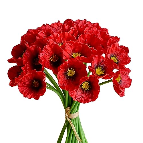 Mandy's 30pcs Red Artificial Poppy Silk Fake Flowers 13" for Mother's Day Easter Memorial Day Veterans Day Home Kitchen Wedding Thanksgiving Decorations New Year Spring