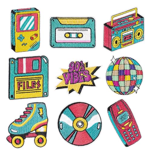 9Pcs Retro 80s 90s Iron on Patches Vintage Hip Hop Neon Disco Roller Skate Sew on Repair Embroidered Applique Back to the 80's 90's Vibes Nostalgic Rock Hippie DIY Craft Gift for Clothing Backpack Hat