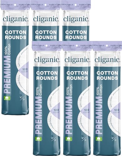 Cliganic Premium Cotton Rounds | Makeup Remover Pads, Hypoallergenic, Lint-Free | 100% Pure Cotton (6 Pack)
