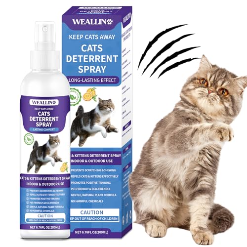 WEALLIN Cat Deterrent Spray, 6.76 FL Oz Natural Cat Repellent Spray Indoor & Outdoor, Anti-Scratch Training Aid for Furniture, Sofas, Rugs, Curtains, Plants - Non-Toxic, Alcohol-Free Formula